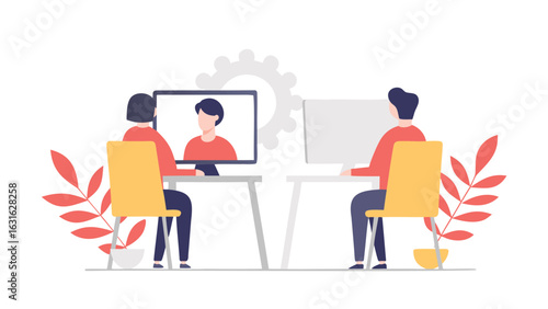 Two people having a video call with a gear in the background in a flat vector illustration