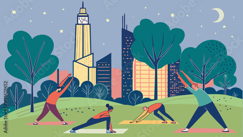 Group of people doing yoga poses in a park with city buildings in the background under a starry night sky
