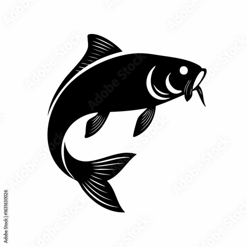 Stylized black carp fish jumping, isolated vector icon. Simple monochrome freshwater animal silhouette for logos and emblems.
