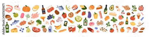 Food and beverages icons set. Fruits and vegetables, seafood, meat, dairy products, bread and desserts. Alcohol drinks, candies and herbs. Flat vector illustration isolated on white background