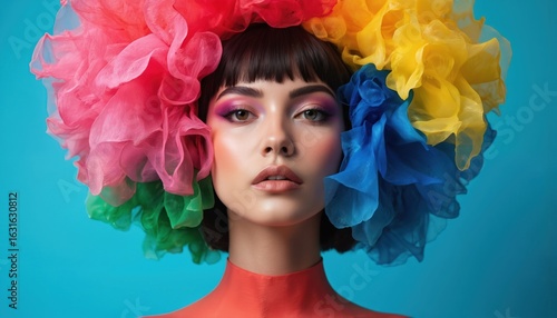 Young woman face with vibrant artistic makeup, colorful fluffy headwear. Eye shadow shades purple pink blue yellow green. Modern beauty concept reflects 2025 trends, creative cosmetic expression,