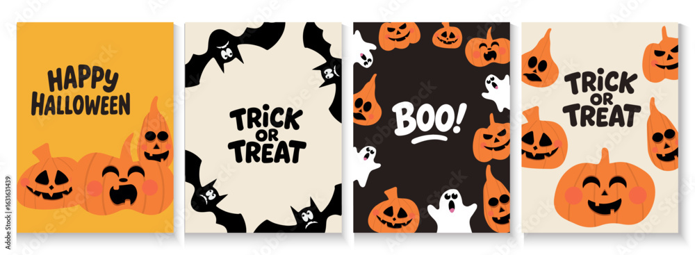 Fototapeta premium Happy halloween party invitation cards, banner and poster with spooky pumpkins, cute ghost. Holidays cartoon character. halloween funny creepy characters. for Advertising, Web, Social Media, Template