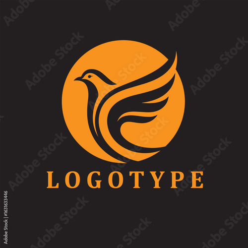 Minimalist bird-in-flight logo enclosed in a black circle, featuring smooth oange lines with black accents—evoking motion, freedom, and elegance.