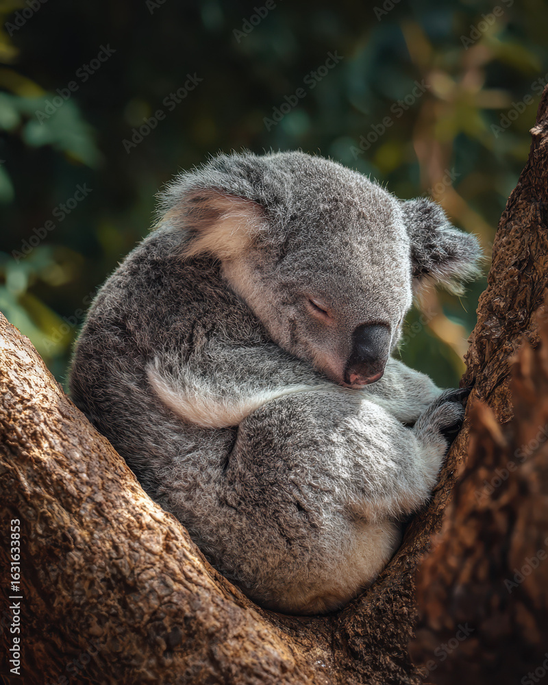 Obraz premium Koala Sleeping Curled Up on a Tree Trunk Isolated