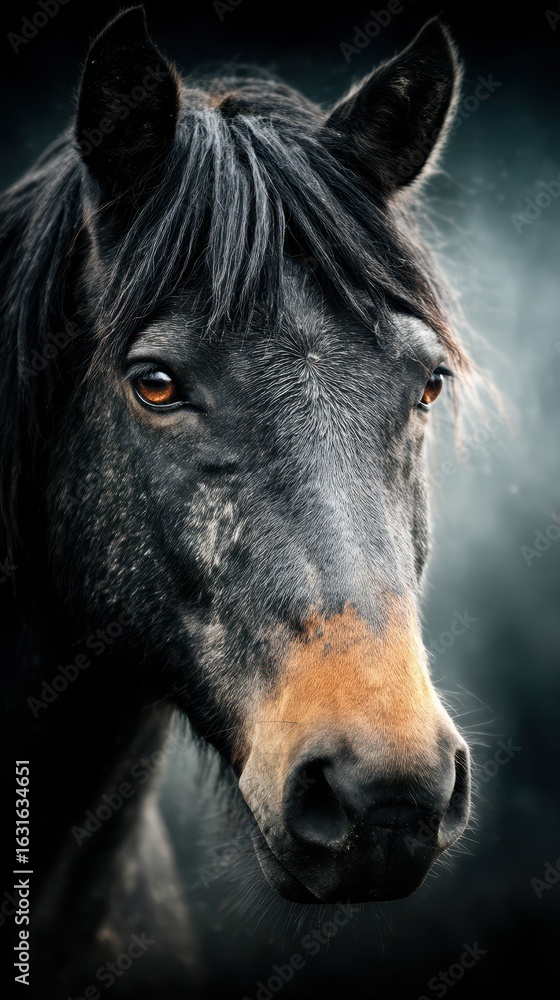 Fototapeta premium Majestic black horse with striking features standing against a soft blurred background