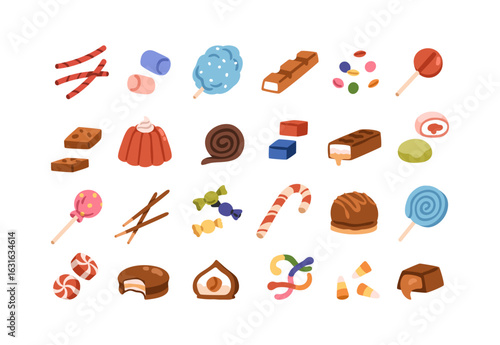 Candies and sweets. Confectionery desserts, sugar snacks. Gummy, jelly, chocolate bar, caramel, lollipop and bonbons, marshmallow. Confection set. Flat vector illustration isolated on white background
