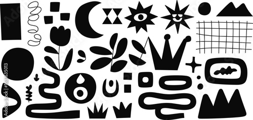Abstract black shapes and symbols collection, modern minimalistic design, geometric patterns, organic forms, crowns, plants, moon, stars, artistic doodles, creative vector elements.