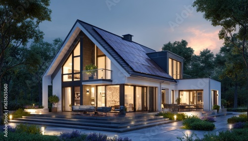 Modern house, solar panels, dusk, garden, suburban