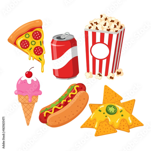 Vibrant cartoon collection of classic fast food snacks pizza soda popcorn ice cream hot dog and nachos.