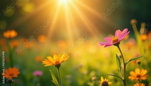 Golden sunbeams drench vibrant wildflowers, soft focus background , spring, beauty, peaceful