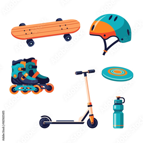 A vibrant collection of outdoor sports equipment skateboard helmet rollerblades scooter frisbee and water bottle.