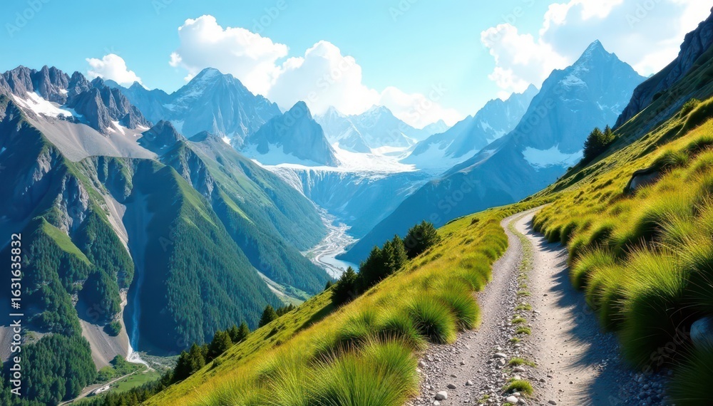 Fototapeta premium Trail winding through Glacier's alpine landscape, mountain, summer