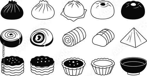 Asian food vector icons – steamed buns, rolls, pastries, zongzi, and soup bowl black and white illustrations.