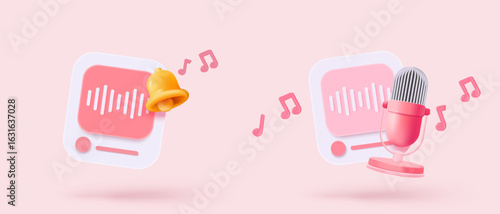 3d microphone with music note is symbol denoting a musical sound. mic record for music singing and audio tune or harmony tone concept. 3d microphone and melody notes icon vector render illustration