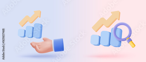 3D searching bar or magnifying glass icon signs for research info statistic. analyzing investment money cash and exchange with detective. 3d magnifier zoom icon vector render illustration