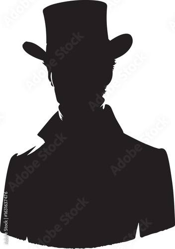 The image is a black silhouette of a person wearing a top hat and what looks like a long coat, their face is obscured, creating a mysterious and stylish visual.