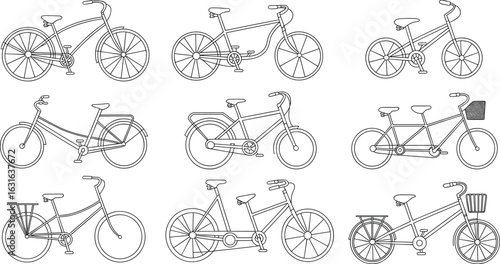 Bicycle line art set, vintage and modern bike illustrations, outline cycling graphics, tandem and city bikes, black and white drawing