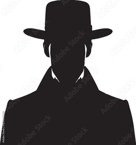 The image shows a black silhouette of a person wearing a wide-brimmed hat and a coat, facing forward with no visible facial features, suggesting anonymity or mystery.