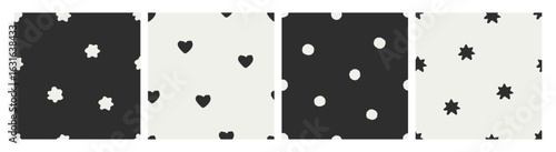Seamless patterns set with polka dot, hearts, flowers and stars prints. Endle...