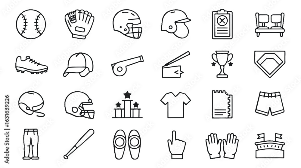 Fototapeta premium Set of 20 baseball and sports icons in a grid silhouette