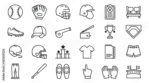Set of 20 baseball and sports icons in a grid silhouette