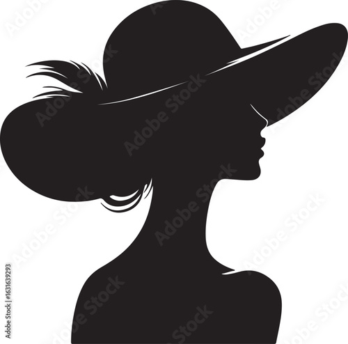The image is a black silhouette of a woman's profile wearing a large, wide-brimmed hat adorned with a feather, her gaze directed to the right of the frame, creating an elegant and mysterious mood.