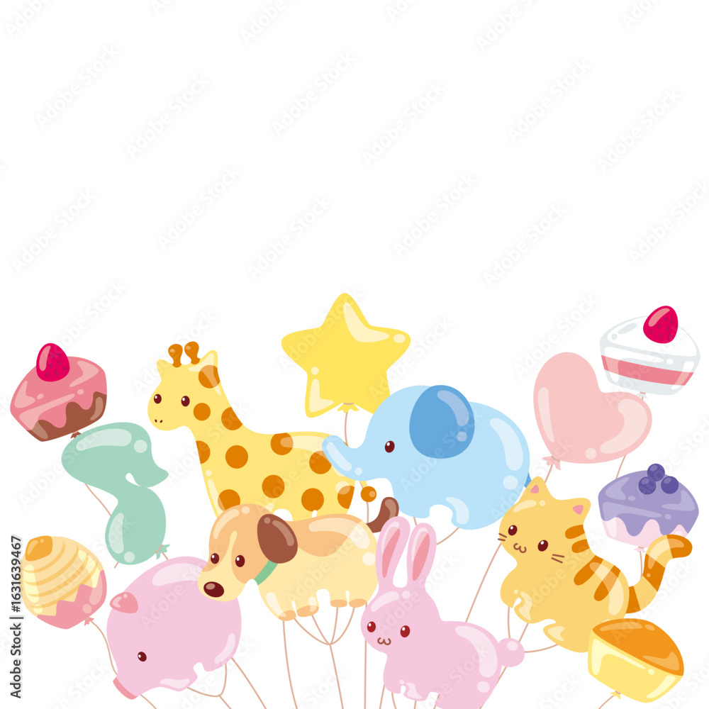 Naklejka premium お祝いパーティSNS用フレーム｜動物とケーキのバルーン(Celebration Party SNS Frame – Animal and Cake Balloons)