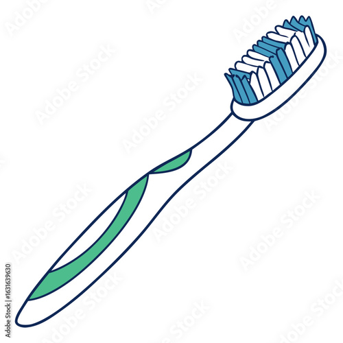 A toothbrush with blue and white bristles and a green handle isolated on white background