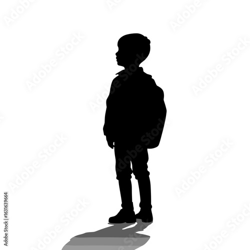 Silhouette of child standing with backpack on white background  