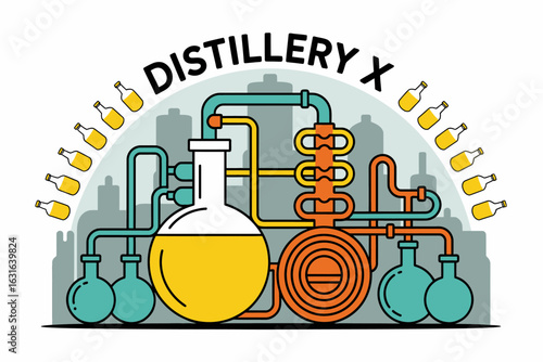 Illustration of Whiskey Distillery with Apparatus and Bottles and Distillery X Name on a White Background