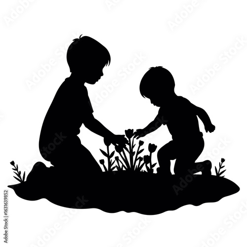 Two children planting flowers while kneeling in garden silhouette  