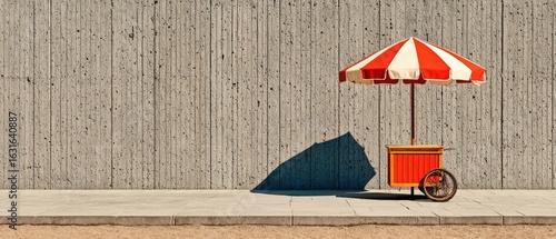 Red food cart with striped umbrella on a gray concrete wall