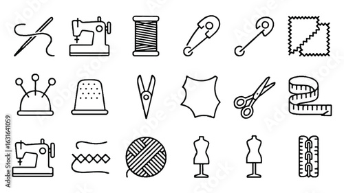 Set of 20 sewing and crafting tool icons in a grid silhouette