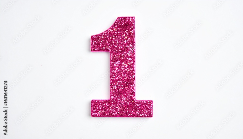 Fototapeta premium Number 1 in pink glitters, white background. Photo for 1st birthday or anniversary celebration