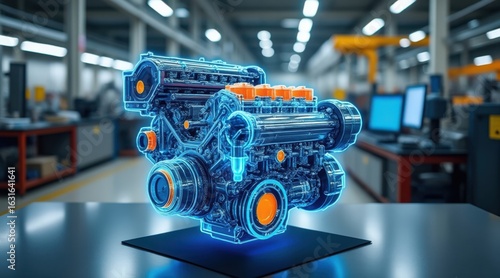 Futuristic holographic engine display in modern industrial setting
