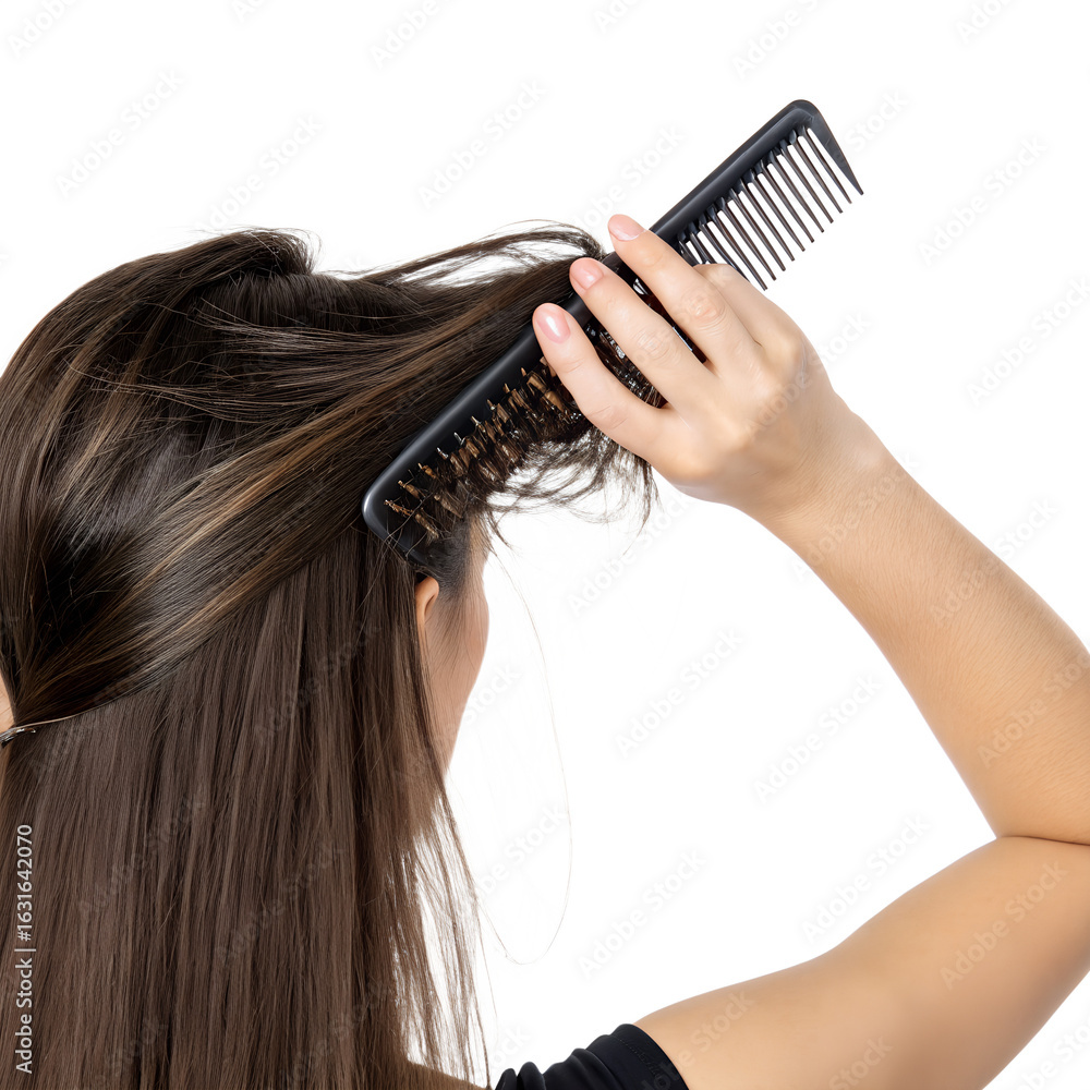 Fototapeta premium A young woman with long brown hair combs her hair with a black comb. The background is transparent, emphasizing the action of grooming.