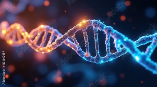 Glowing dna double helix with abstract particles and bokeh lights