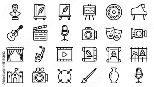 Set of 20 arts and entertainment icons in a grid silhouette