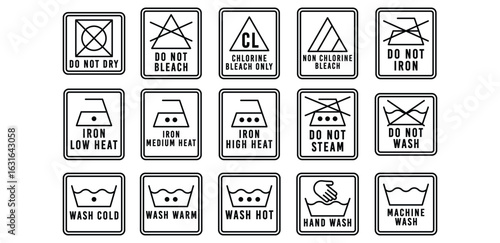 Laundry Care Instruction Line Icon Black and White Pixel Art Symbols Vector Design Illustration Collections Sets