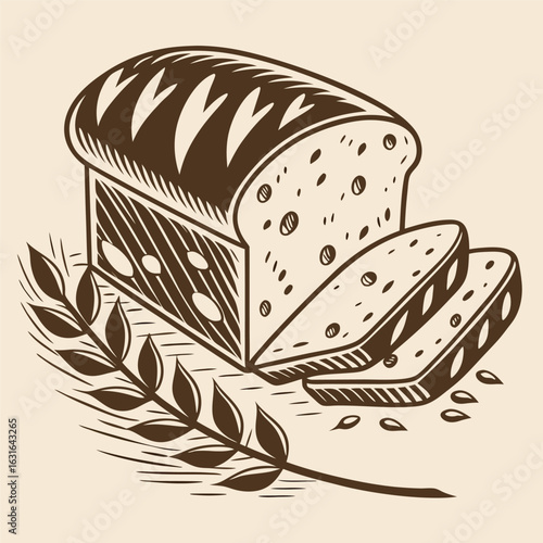 Vintage Style Loaf of Bread with Slices and Wheat