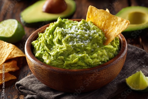 Fresh vibrant guacamole in a rustic wooden bowl with chips and sea salt.