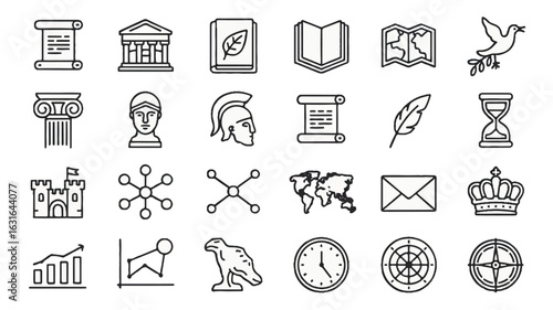 Collection of 20 historical governmental and cultural line art icons silhouette