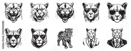 Cougar Happy Cougar Wearing Sunglasses Tribal Wearing Suit logo illustration set collection representing a confident and expressive feline character blending modern style and cultural elements