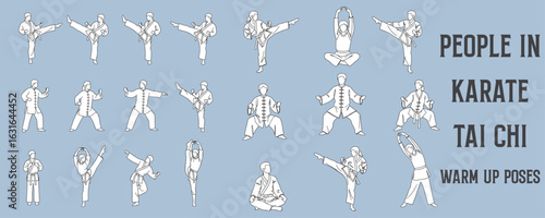 Architectural Drawings people in karate, tai chi, or warm-up poses vector illustration, side view, human person Minimal style hand drawn.