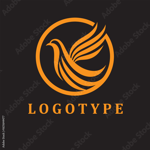 Stylized bird logo with outstretched wings inside a circle, paired with placeholder text “Logotype” and a generic tagline—used as a sleek branding mockup with Latin filler text.