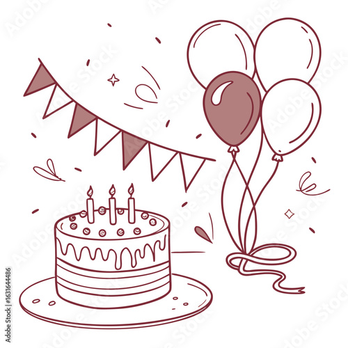 Festive birthday cake with candles and balloons