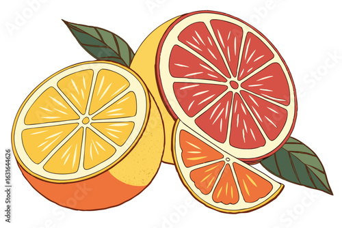 Illustration featuring cut citrus fruits including orange grapefruit and lemon with green leaves art