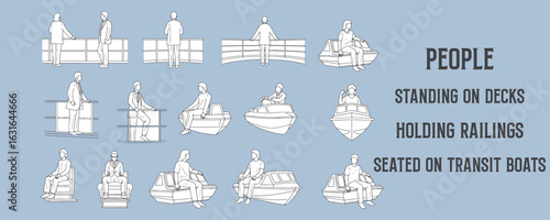 Architectural Drawings people standing on decks, holding railings, or seated on transit boats vector illustration, side view, human person Minimal style hand drawn.