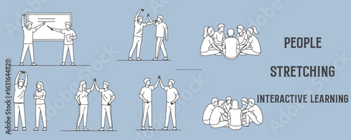 Architectural Drawings people stretching, doing team-building exercises, or interactive learning vector illustration, side view, human person Minimal style hand drawn.