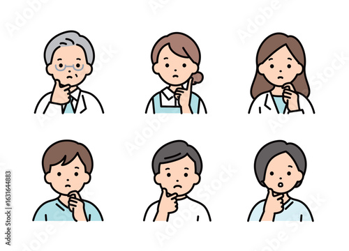 悩んでいる医療従事者・福祉の人物の上半身イラストセット